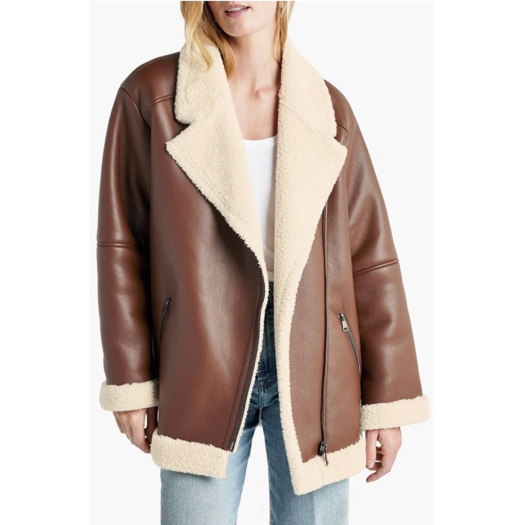 Euc Splendid Earhart Faux Leather Aviator Jacket With Faux Fur Collar Cognac Xs